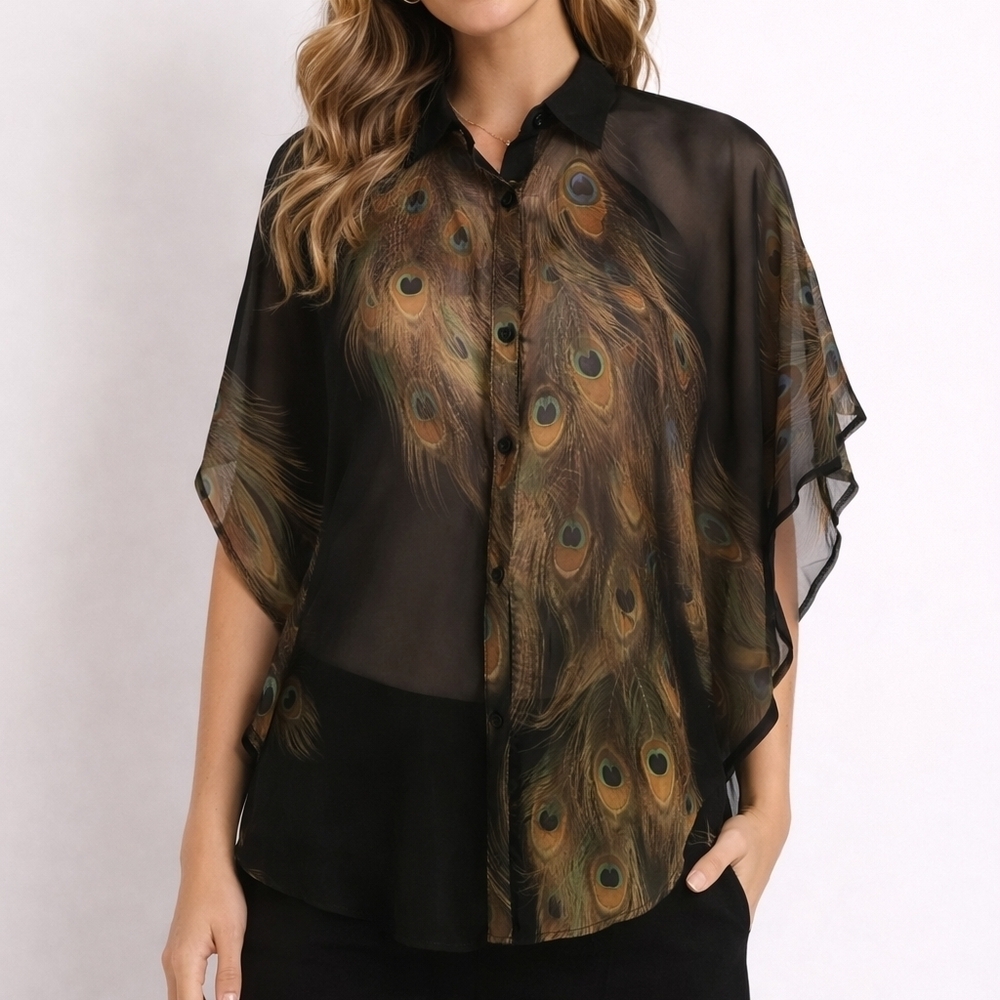NEW DIRECTIONS Peacock Feather Sheer Whimsigoth Festival Poncho Style Blouse